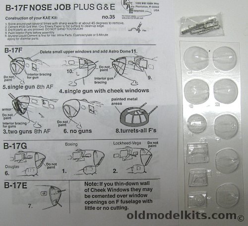 Koster 1/48 B-17F Nose Job Plus B-17G and B-17E - Accurate Conversion for 1/48 B-17 Kits - B-17 F Single Gun Nose 8th AF / Twin Gun Nose 8th AF / No Nose Guns / Single Gun With Cheek Windows and Astrodome / Correct B-17F Turret / B-17G Douglas, Boeing and Lockheed-Ve, 35 plastic model kit